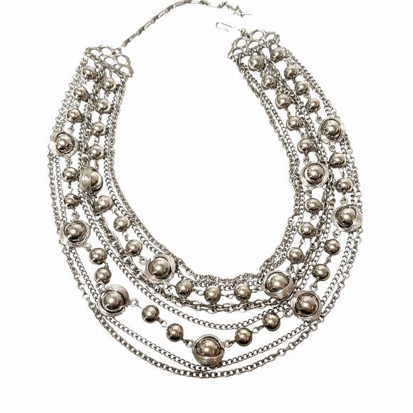 Vtg Silver NECKLACE 8-Strand Tiered Ball Beads Box Link Rope Chain 20” - Picture 1 of 9